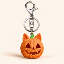 Jack-O-Lantern Cat keychain with silver hardware
